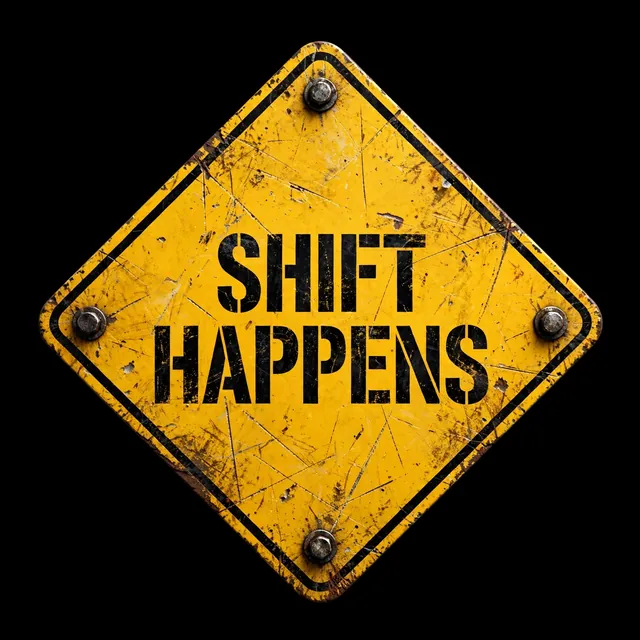 Shift Happens logo — a battered yellow diamond road sign